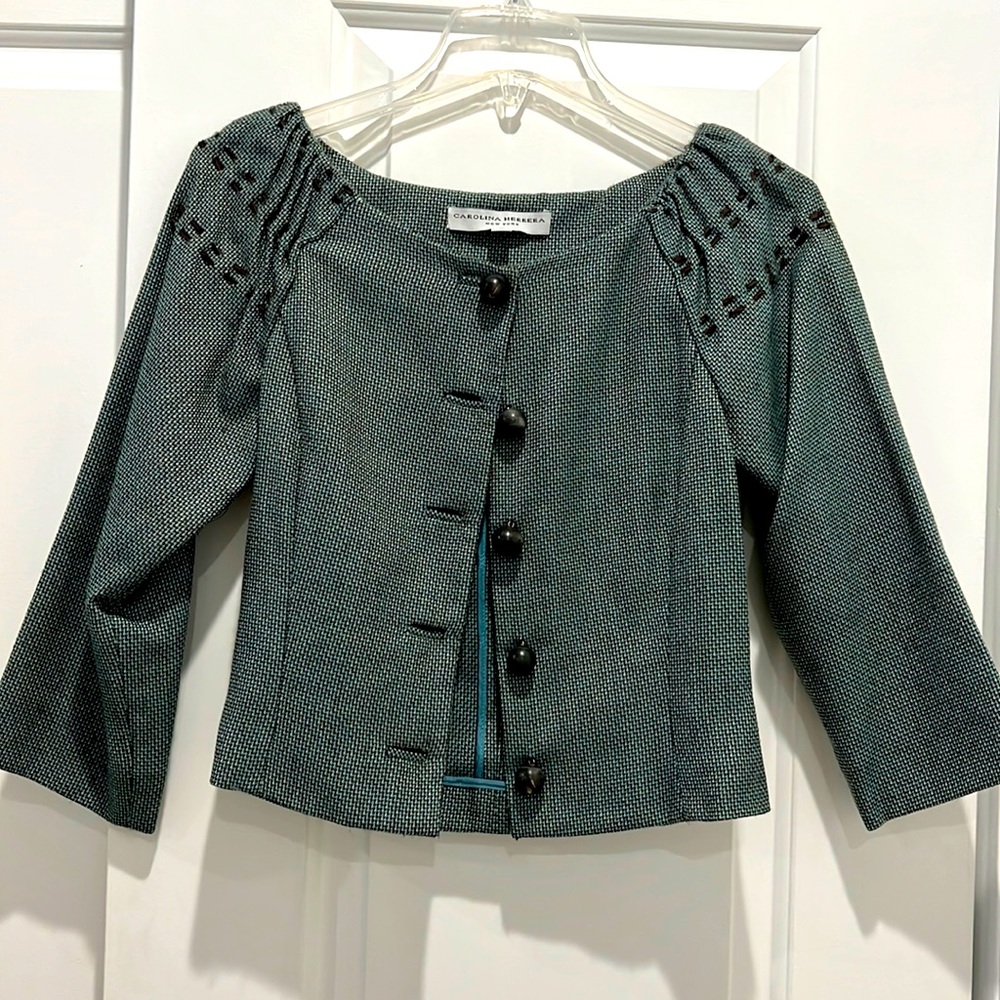 Carolina Hererra Green tweed pattern button down blazer